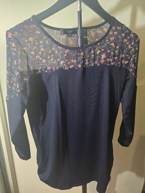 Tutta Bella Navy Long Sleeve Top with Floral Mesh Yoke